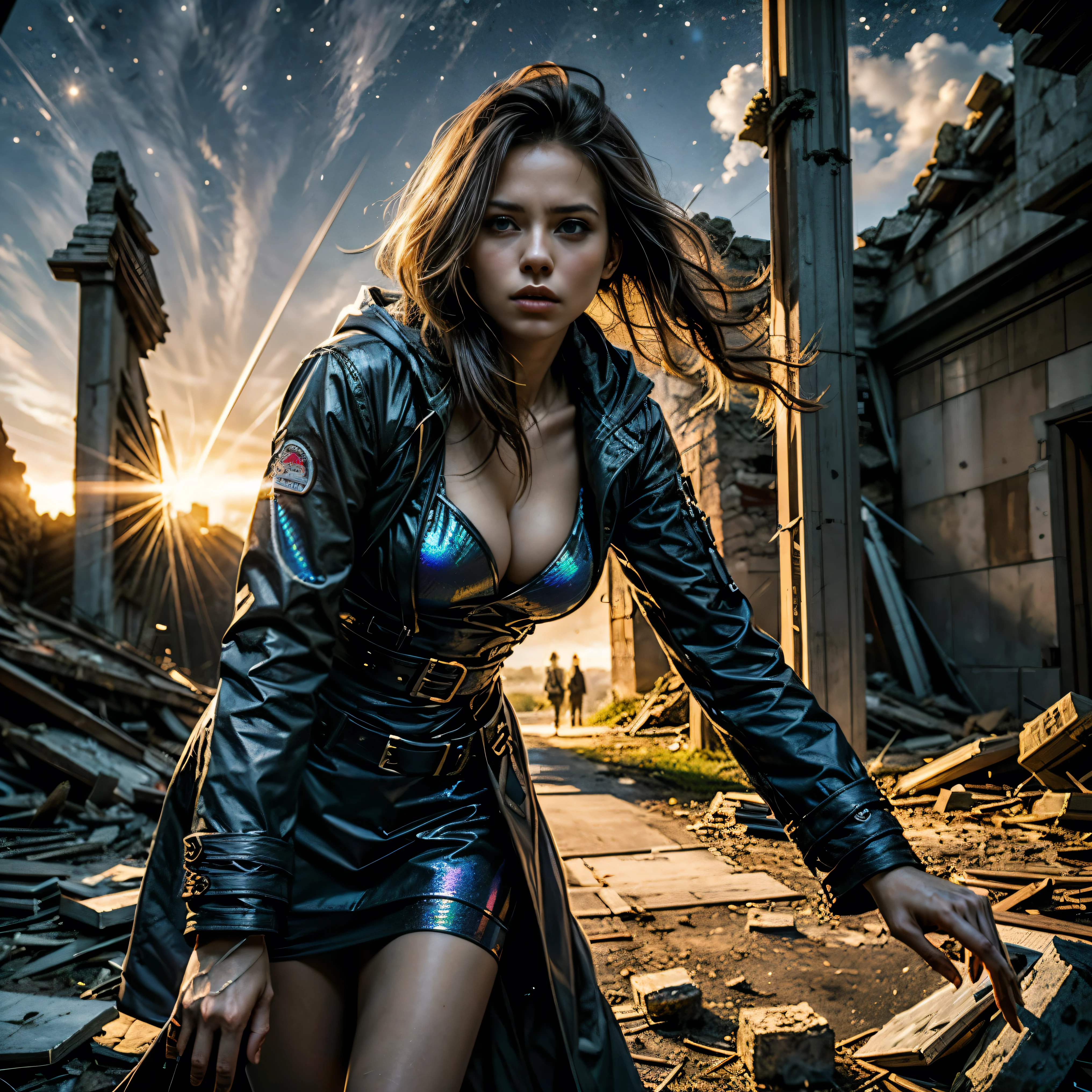 (High resolution、masterpiece:1.2)、Super detailed、(Photorealistic:1.37)、SF、Adventurer、Explore ancient ruins、Gorgeous detailed face and figure、Ideal proportions、Big Breasts、Beautiful long straight hair tied in a braided ponytail、blonde、(stylish、Holographic Coat:1.4)、Dynamic pose、Dynamic angle、treasure hunter、interstellar background、Advanced technology、Glowing Light、Extraterrestrial relics、Exciting action、Breathtaking landscapes、Amazingly detailed alien architecture、Ethereal colors、Heavenly atmosphere、Out-of-this-world scenery、laser weapon、Intense emotions、Adrenaline-pumping adventure、Thrilling suspense、Action-packed quests、Distant future、A young and beautiful woman、With stunning features and a perfect body type、Depicted as a bold and fearless treasure hunter、Ancient Extraterrestrials in Outer Space((Explore the depths of the ruins:1.5))、This work、Incredible High Resolution(highest quality、4k、8k、High resolution、masterpiece:1.2)とSuper detailed(Photorealistic:1.37)Proud of its depiction of、The face of the hero、body、Captures every intricate detail of the surrounding environment、This work focuses on the science fiction genre.、Advanced technology、Fascinating interstellar background、Introducing the scenery of another world。Character dynamic pose and angle、It adds energy and a sense of adventure to the scene.。Her long, beautiful blonde hair is meticulously braided into a ponytail.、Enhances aesthetic appeal、Adds elegance to the overall appearance、treasure hunterとして、She encounters various relics and ancient structures、They are painted in ethereal colors with exquisite detail.、The celestial atmosphere captivates the audience.、In this work、The protagonist engages in a thrilling quest、It also features intense emotions and adrenaline-pumping action as you face dangerous challenges.、Laser weapons and futuristic elements create a sci-fi atmosphere.、Providing viewers with a visually stunning and immersive experience、mynatalee woman、cr1r3、natural breasts、CGphotobuilding asw