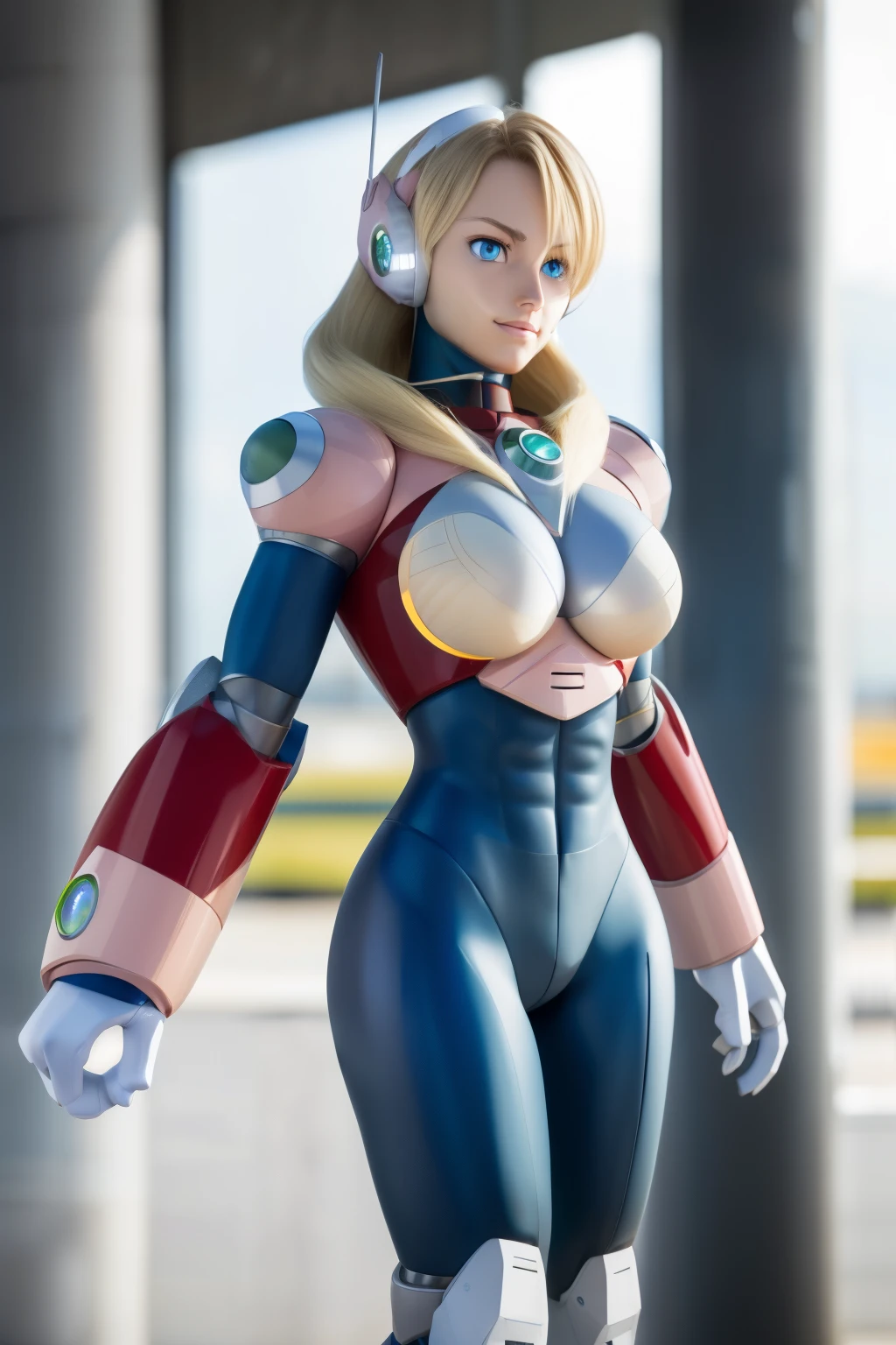 ultra detailed of a woman cyborg, 1girl, (natural skin texture, realistic eye details:1.2) alias_mega manx, alone, breasts, blue eyes, blonde hair, Android, long hair, robot ears, stand at attention, neutral stance, artwork, high quality, hypnotized, blank expression, mannequin