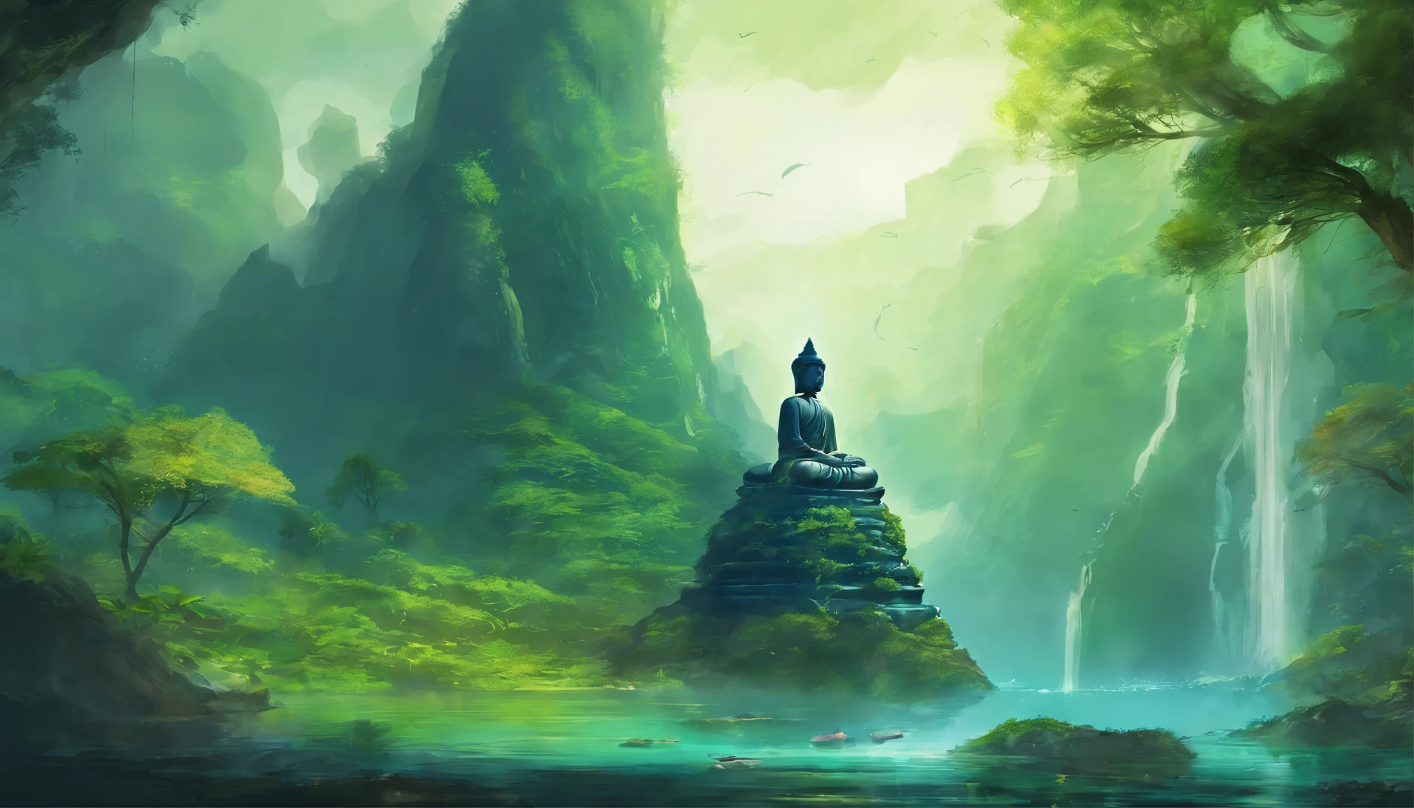 A huge Buddha statue deep in the mountains,One with nature,moss,blue cyrstal clear water, the lush vegetation,rays of sunshine