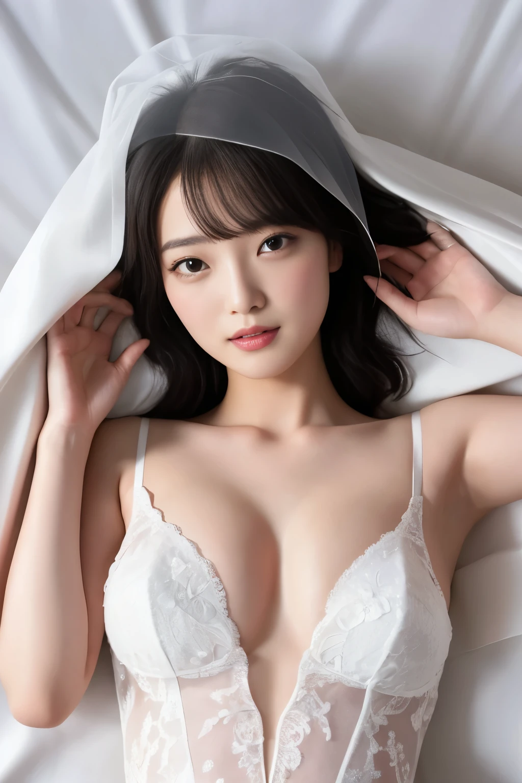 Masterpiece、highest quality、Photo realistic、Woman 1、Super detailed、Top view、Gravure idol　Black Hair、Straight Hair、Light bangs　Wedding dress、White Veil　Lying on white sheets、Lie on your back、Gravure pose、Lying Pose　White sheets background