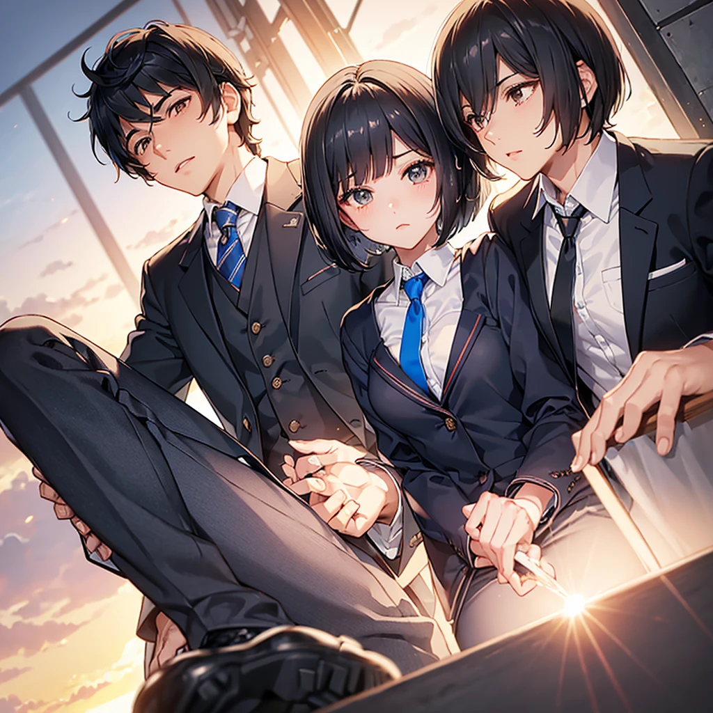 ((Black Hair Short Bob Class sunset)) ((Navy blue blazer White dress shirt Blue tie)) Blushing face