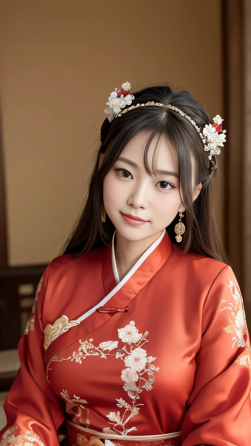 (8k, RAW Photos, highest quality, masterpiece: 1.2), (Realistic, Realistic: 1.37), 1 female, ancient China, 200 A.D., A room in the imperial court at the end of the Eastern Han Dynasty。The Empress、Sit with good posture in a luxurious chair。Wearing bright red clothing。The clothes are intricately embroidered。With a beautiful face、She wears a hair accessory that was popular at the time..。With a slightly embarrassed look、Laugh brightly、Looking straight ahead。looking at the camera。fine。
