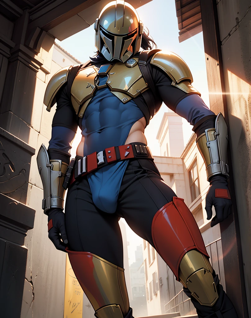 Muscular mature male Djin Djarin, aged 40，Solo,Slag，Well-developed muscles, vast pec of Djin Djarin, Wide chest and shoulders, slim waist, Thick-breasted，Huge crotch long bulge，tight Mandalorian beskar uniform, slim waist, Djin Djarin waist, Stand up, full bodyesbian, confident look, Mandalorian silver beskar helmet features, Ultra-realistic photo style, High- sharpness, cinematic light, intricately lens flares details.
