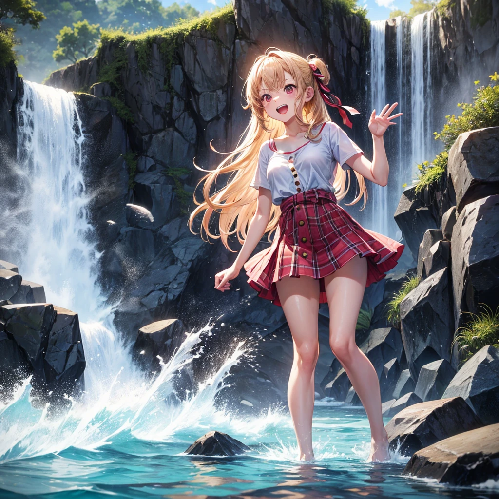 Pink gold golden hair、Red eyes、One good looking girl、solo、anime、Checkered mini skirt、The skirt has buttons、one piece、Blue camisole、White T-shirt、Jin、Wearing a ribbon、Ribbon on waist、Tilting face、Teeth are visible、waterfall、waterfallの裏側、tunnel、Sunset sky、The water surface is exploding、The rocks are exploding、Penguins are walking、Snow is piled up