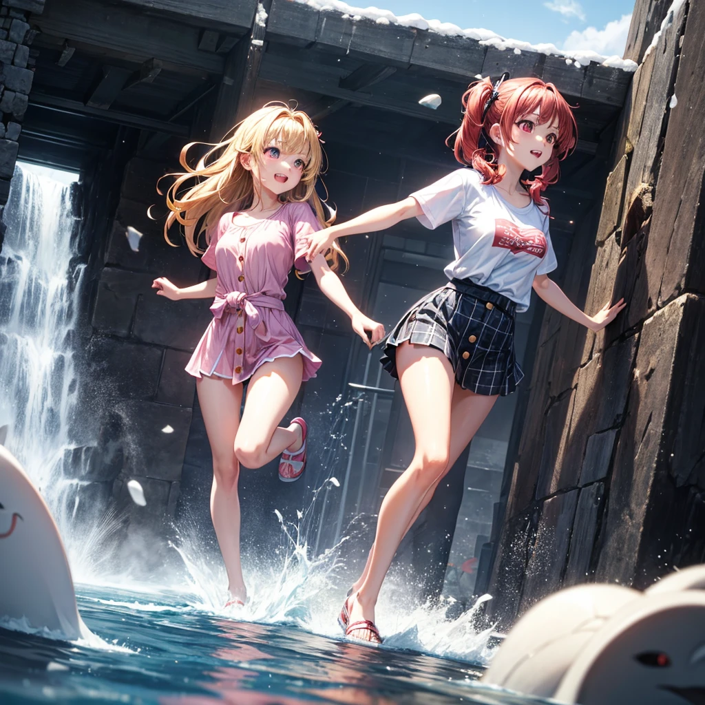 Pink gold golden hair、Red eyes、One good looking girl、solo、anime、Checkered mini skirt、The skirt has buttons、one piece、Blue camisole、White T-shirt、Jin、Wearing a ribbon、Ribbon on waist、Tilting face、Teeth are visible、waterfall、waterfallの裏側、tunnel、Sunset sky、The water surface is exploding、The rocks are exploding、Penguins are walking、Snow is piled up