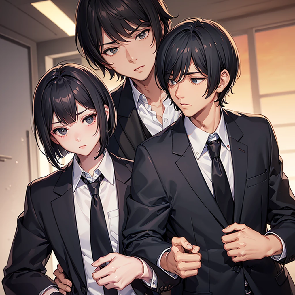 ((Black Hair　Short Bob Class　sunset))　((Navy blue blazer　White dress shirt　Black tie))　Blushing face　Black eyepatch