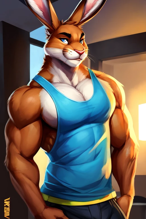 Medium muscular, hare, in tank top, white shirt, By mystikfox61