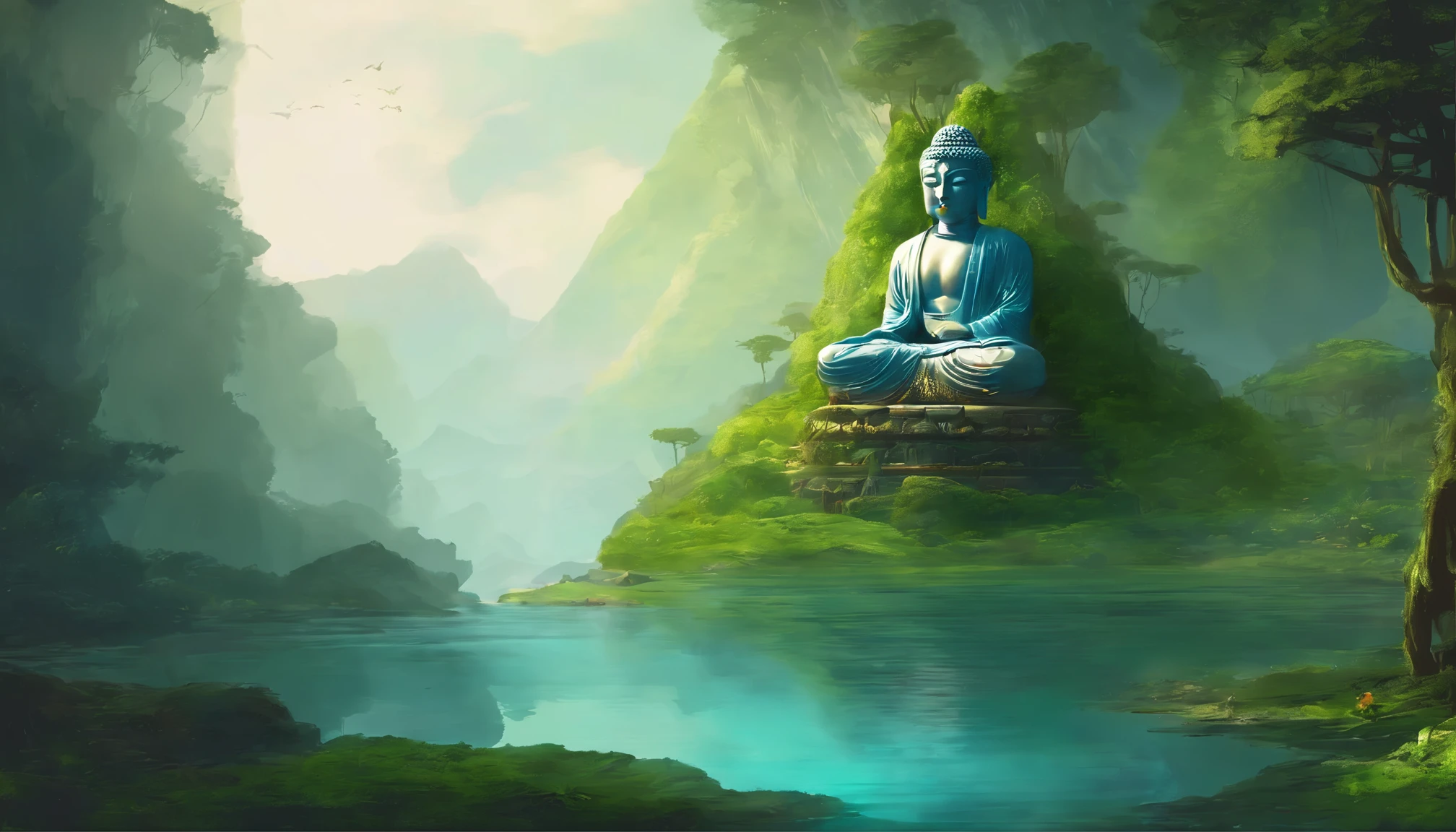 A huge Buddha statue deep in the mountains，One with nature，moss，blue cyrstal clear water,  the lush vegetation，rays of sunshine