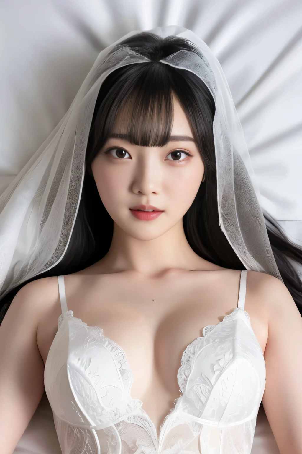 Masterpiece、highest quality、Photo realistic、Woman 1、Super detailed、Top view、Gravure idol　Black Hair、Straight Hair、Light bangs　Wedding dress、White Veil　Lying on white sheets、Lie on your back、Gravure pose、Lying Pose　White sheets background