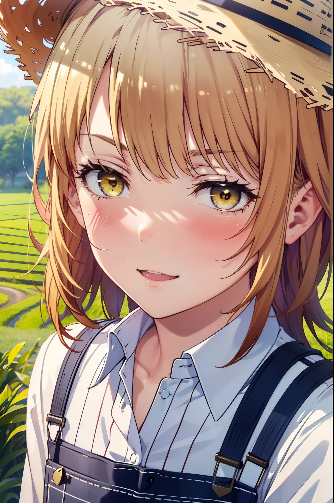 irohaisshiki, Iroha Isshiki, Long Hair, Brown Hair, (Brown eyes:1.5), happy smile, smile, Open your mouth,,blush,Big straw hat,
Hiding the job,Overalls,Rice planting boots,Rice Field,Rice cultivation,sunny,countryside,whole bodyがイラストに入るように,
break outdoors, countryside,
break looking at viewer,whole body,
break (masterpiece:1.2), highest quality, High resolution, unity 8k wallpaper, (figure:0.8), (Beautiful fine details:1.6), Highly detailed face, Perfect lighting, Highly detailed CG, (Perfect hands, Perfect Anatomy),