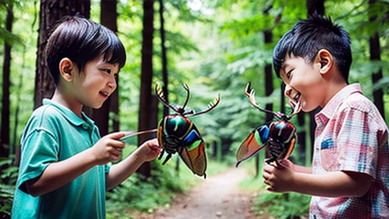 Kids playing with colorful stag beetles in the forest、
