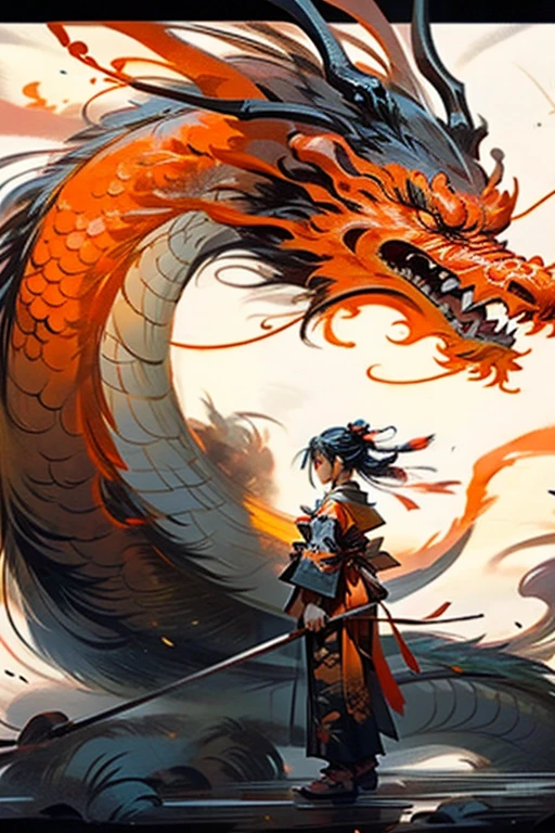 1girl and 1dragon,big dragon,yukata,have a Japanese sword, Japanese style black hair,long hair,red,yellow,orange