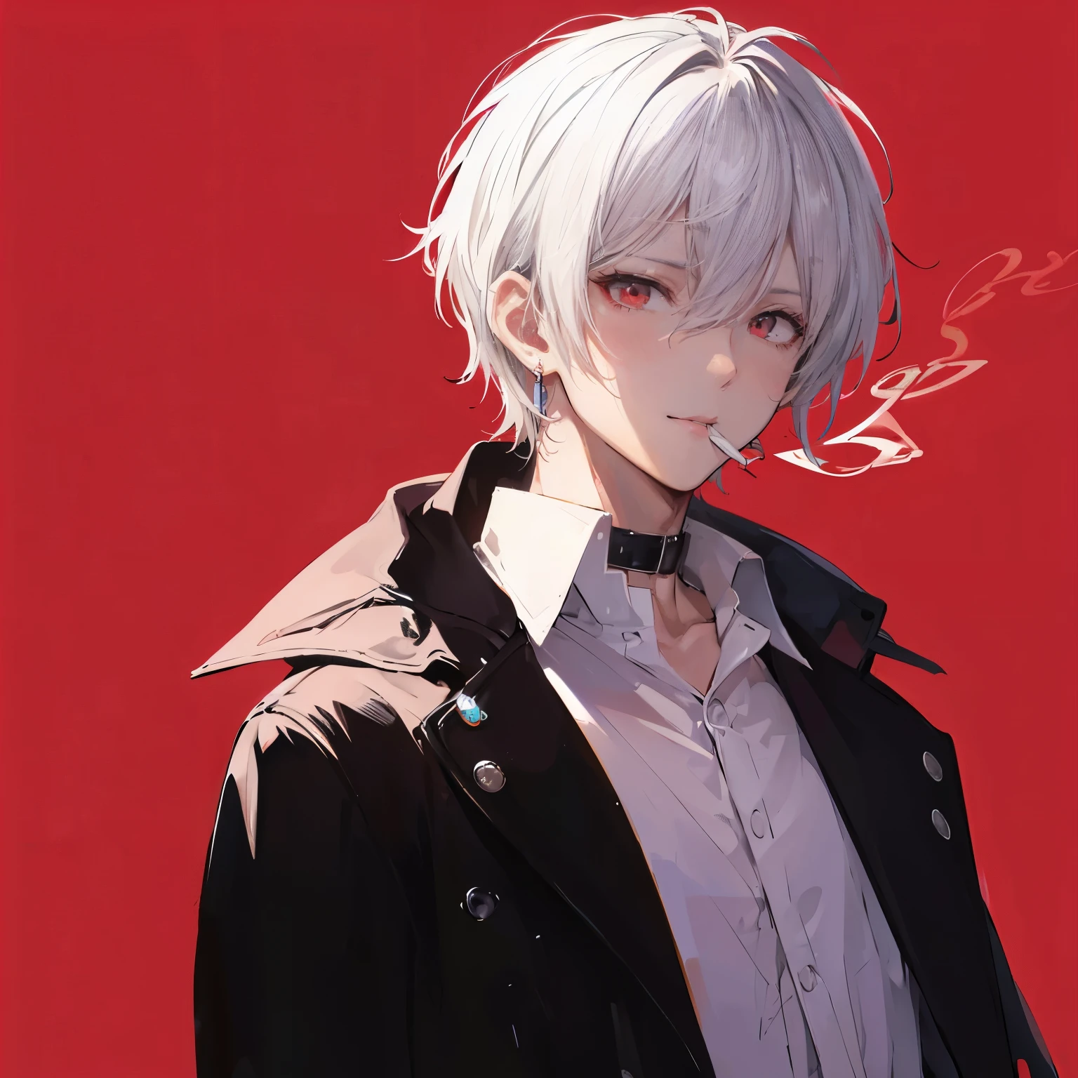 High resolution, high resolution,2D Anime Style,,Cool guy,Mature look,,20th Generation,Short Hair,Silver Hair,Red eyes,Beautiful watch,Beautiful earrings,Beautiful necklace,Dark Fashion,He is smiling a little,walk