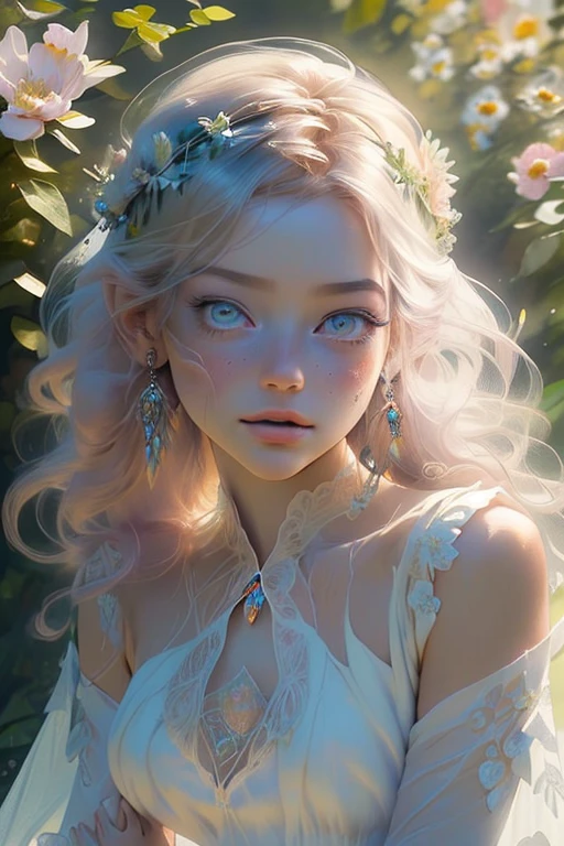 The colors in this image are soft and draw inspiration from gentle watercolors and should be primarily pink. Generate a delicate and tranquil flower princess with soft hair dancing in the wind and intricately braided. Her sweet face has puffy, kissable lips and stunning, highly realistic eyes. She has beautiful eyes, hires eyes, 8k eyes, beautiful detail eyes, beautiful detailed eyes, realistically shaded eyes, and realistic eyes in vibrant colors. She is wearing delicately detailed fabric of gossamer silk and satin. Small pink gemstones and cream pearls detail her clothing. She sits in the midst of the most beautiful meadow in the world and is surrounded by beautiful flowers of varying sizes and colors. The background is wild and unruly, with delicate flowers dancing in the wind and creating a dynamic and compelling image. An ornately flowered headdress adorns her head and soft petals fall around her. The flowers are realistic and very detailed and come in different shapes and sizes, some with iridescence and others with varying shades of pink and blue. Include a soft watercolor sky. The background is wild, with delicate flowers dancing in the wind and colorful pollen filling the air. Include realistic hair and skin texture. Include fantasy details, enhanced details, iridescence, colorful glittering wind, and pollen. Pay special attention to her face and make sure it is beautifully and realistically detailed. The image should be dreamy and ethereal. Include intricate fantasy details. 8k, intricate, elegant, highly detailed, majestic, digital photography, art by artgerm and ruan jia and greg rutkowski surreal painting pearl butterfly filigree, flower petals, (masterpiece, finely detailed beautiful eyes: 1.2), hdr, realistic skin texture, ((ornate)), ((intricate)), ((fantasy00d:1.2)), rays of light, (add details), (add more details), highly detailed, ornate flowers, dew drops, sunlight, rays of sun