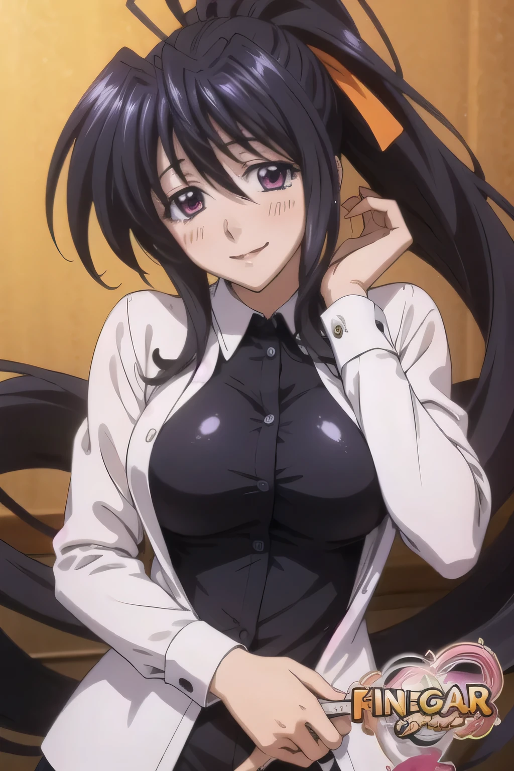 Himejima Akeno、Long Hair、(draw the eyes:1.2)、one person 
、smile 、blush 
、The third button of the shirt is undone
、Shirt gaps
、(highest quality) 、(Fine skin:1.3)