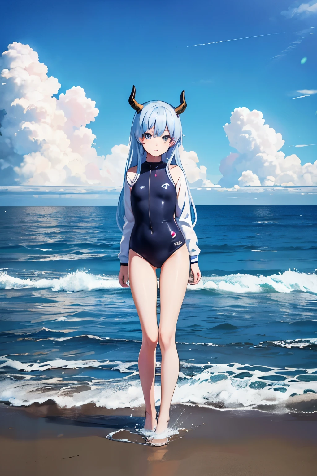 A cartoon drawing of a girl with horns and long hair, best anime character design, Modelo de cuerpo completo Anime Vtuber, Personaje de anime, Full body anime illustration, anime character design, como personaje de anime, Personaje de estilo anime, character adoptable
Este personaje de anime es una adolescente con cuernos de 2 y 13,2 centimeters high and 1,28 centimeters thick. Its horns are located on the upper left side of its head and show traces of its former life as a Hollow helmet..
Tiene el pelo gris y negro, corto. Her breasts are small, con una altura de 2 y 1,5 centimeters high and a thickness of 1,10 centimeters. He is in shorts and (sudadera con capucha). 1 beautiful girl 5 years old slim, Small Long Swimsuit, mar olas playa atardecer de verano, UHD, Obra maestra, Anatomically correct, Detalles altos, Altas Resoluciones, La mejor calidad, Super detail, 8k Anime girl in blue swimsuit posing in the ocean., is wearing a swimsuit, swimsuit, Bikini realista, swimming suit, wet swimsuit, seductora chica de anime, en la playa, hermosa chica de anime, Linda chica con traje sin mangas, in a gold one piece swimsuit, Hermoso y atractivo anime adolescente, (Chica anime), en el mar, Atractiva chica de anime, linda chica de anime