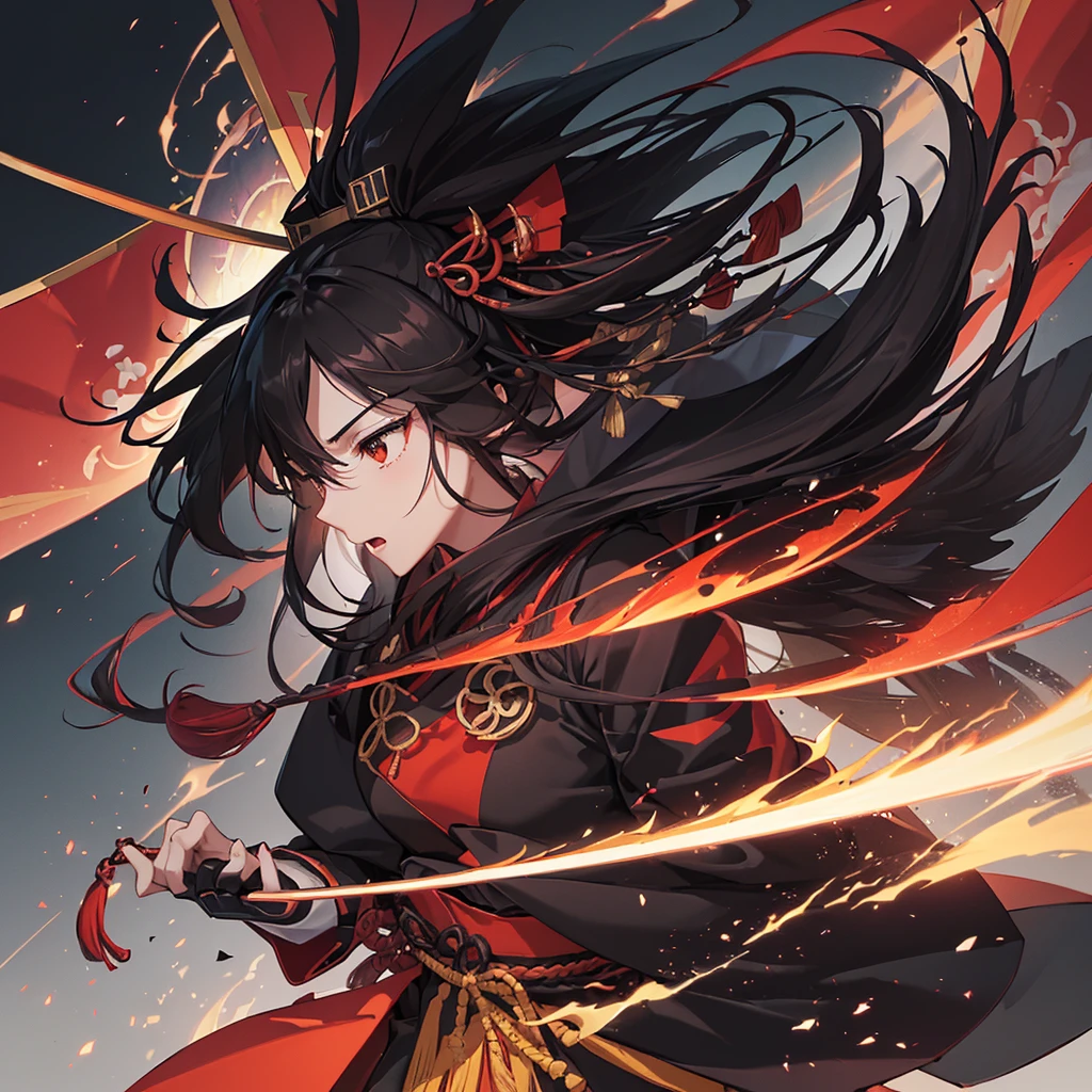 ((blackい髪　Long Hair　black　Military commander　one person　Lonely　Red Flag))　((night　Japanese style　old))　(Dance　Flame Blade　Shining Japan sword　Draw your sword)　moon　star　Draw your sword　Slashing　Catch the wind　print　Tense face