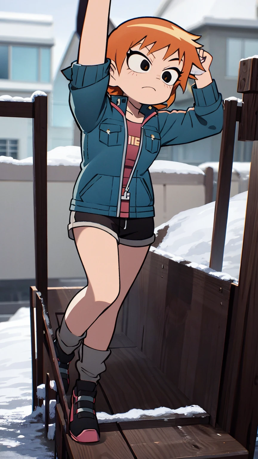 Scott Pilgrim Takes Off A boy Scott Pilgrim orange hair shirt jacket big eyes thick eyebrows Canada standing alone in the snow