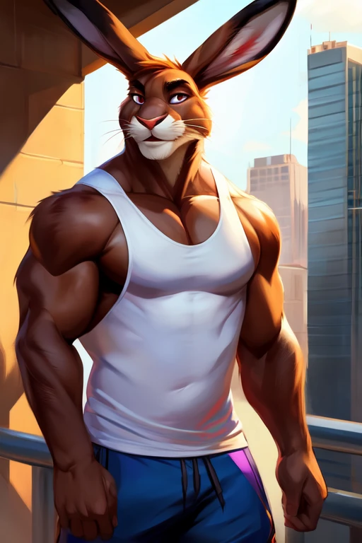 Caracal, good looking, male, anthro, ultradetailed, muscular, solo, bareness, rippling muscles, muscles, downtown background, tail, smile, big pecs, looking at viewer, top tank, shorts, bara, big butt, big muscles, crowd