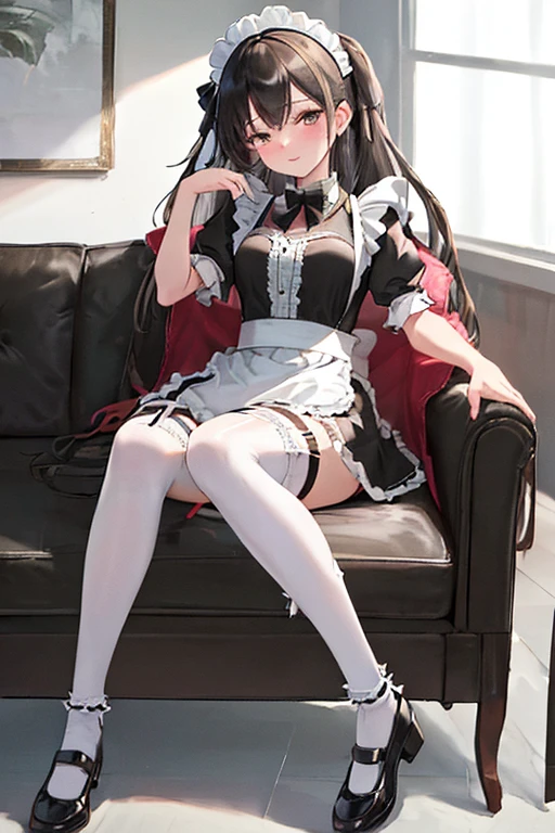 (best quality, masterpiece:1.2), 
A beautiful girl in a cute maid outfit with many frills raises her skirt to show her pants as she happens, 
She is wearing black knee socks and a garter belt, 