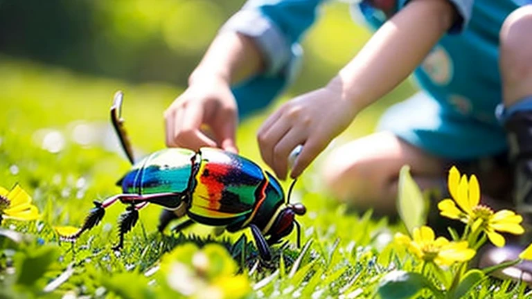 Children playing with colorful stag beetles in the meadow、