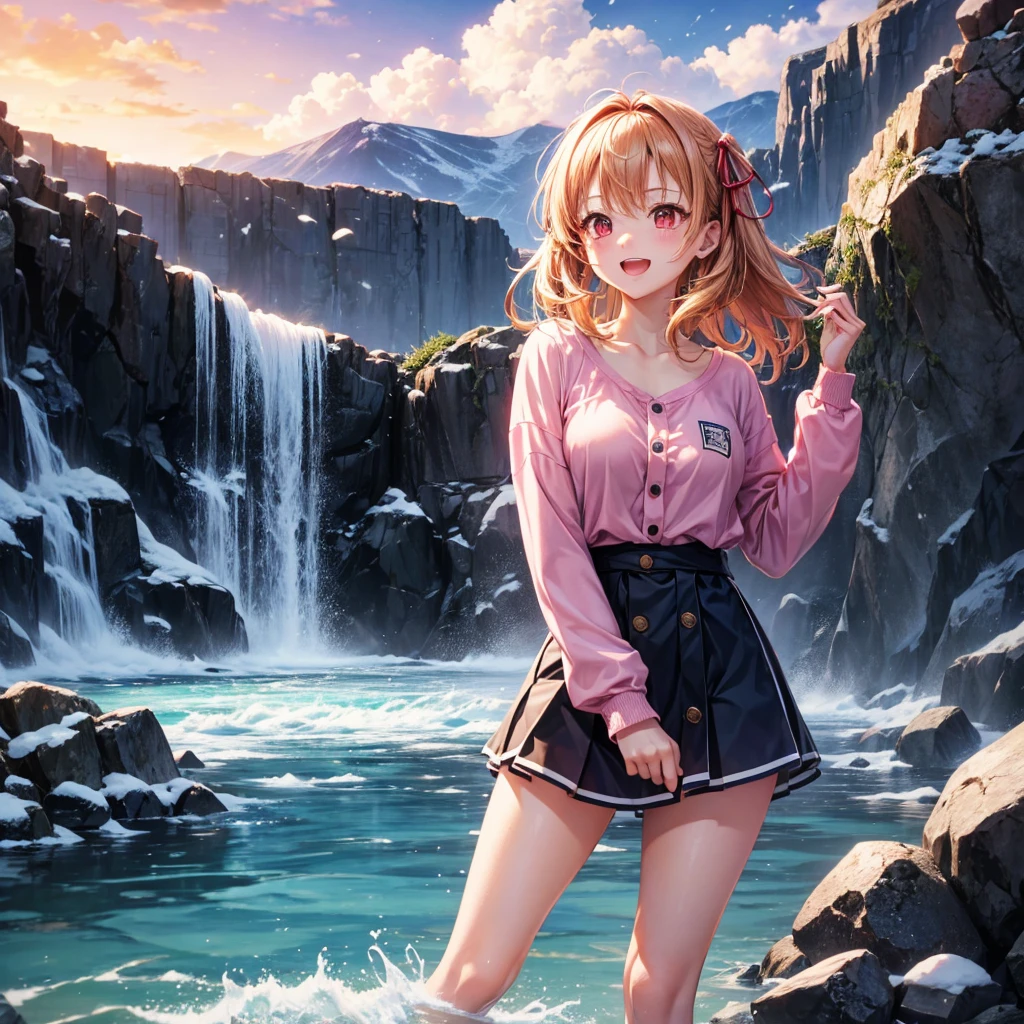 Pink gold golden hair、Red eyes、One good looking girl、solo、anime、Checkered mini skirt、The skirt has buttons、one piece、Blue camisole、White T-shirt、Jin、Long sleeve、Wearing a ribbon、Ribbon on waist、Tilting face、Teeth are visible、waterfall、waterfallの裏側、tunnel、Sunset sky、The water surface is exploding、The rocks are exploding、Penguins are walking、Snow is piled up