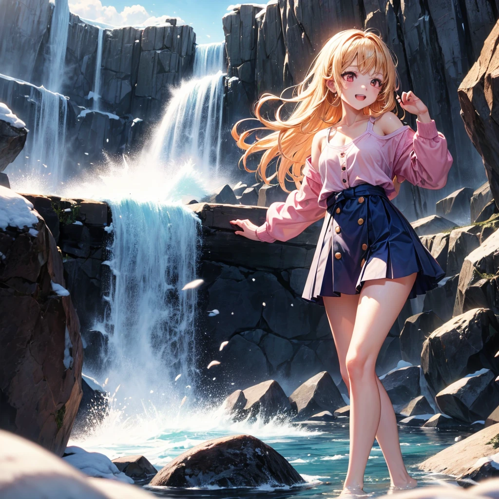 Pink gold golden hair、Red eyes、One good looking girl、solo、anime、Checkered mini skirt、The skirt has buttons、one piece、Blue camisole、White T-shirt、Jin、Long sleeve、Wearing a ribbon、Ribbon on waist、Tilting face、Teeth are visible、waterfall、waterfallの裏側、tunnel、Sunset sky、The water surface is exploding、The rocks are exploding、Penguins are walking、Snow is piled up