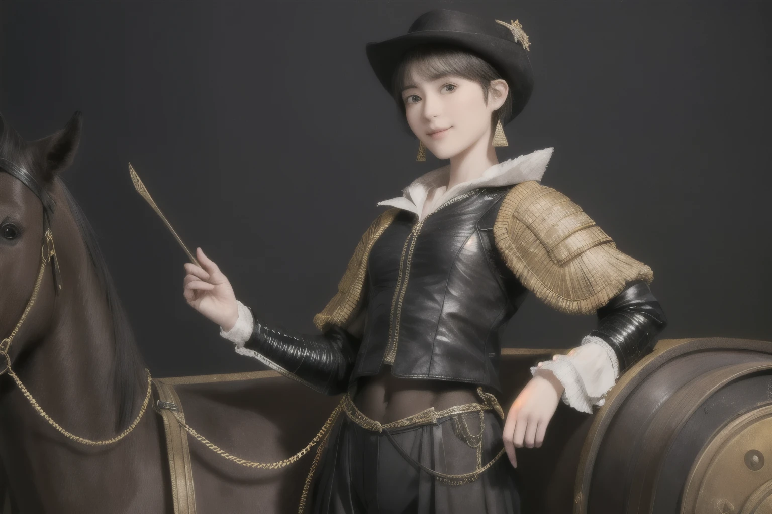 222 Short Hair, 20-year-old woman, A kind smile, (Luxurious stables), (Rembrandt-style painting), (machinery suit, Clothes that show abs、Clothes with short sleeves)