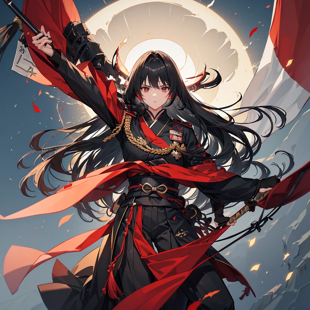 ((blackい髪　Long Hair　black　Military commander　one person　Lonely　Red Flag))　((night　Japanese style　old))　(Dance　Flame Blade　Shining Japan sword　Draw your sword)　moon　star　Draw your sword　Slashing　Catch the wind　print　Tense face