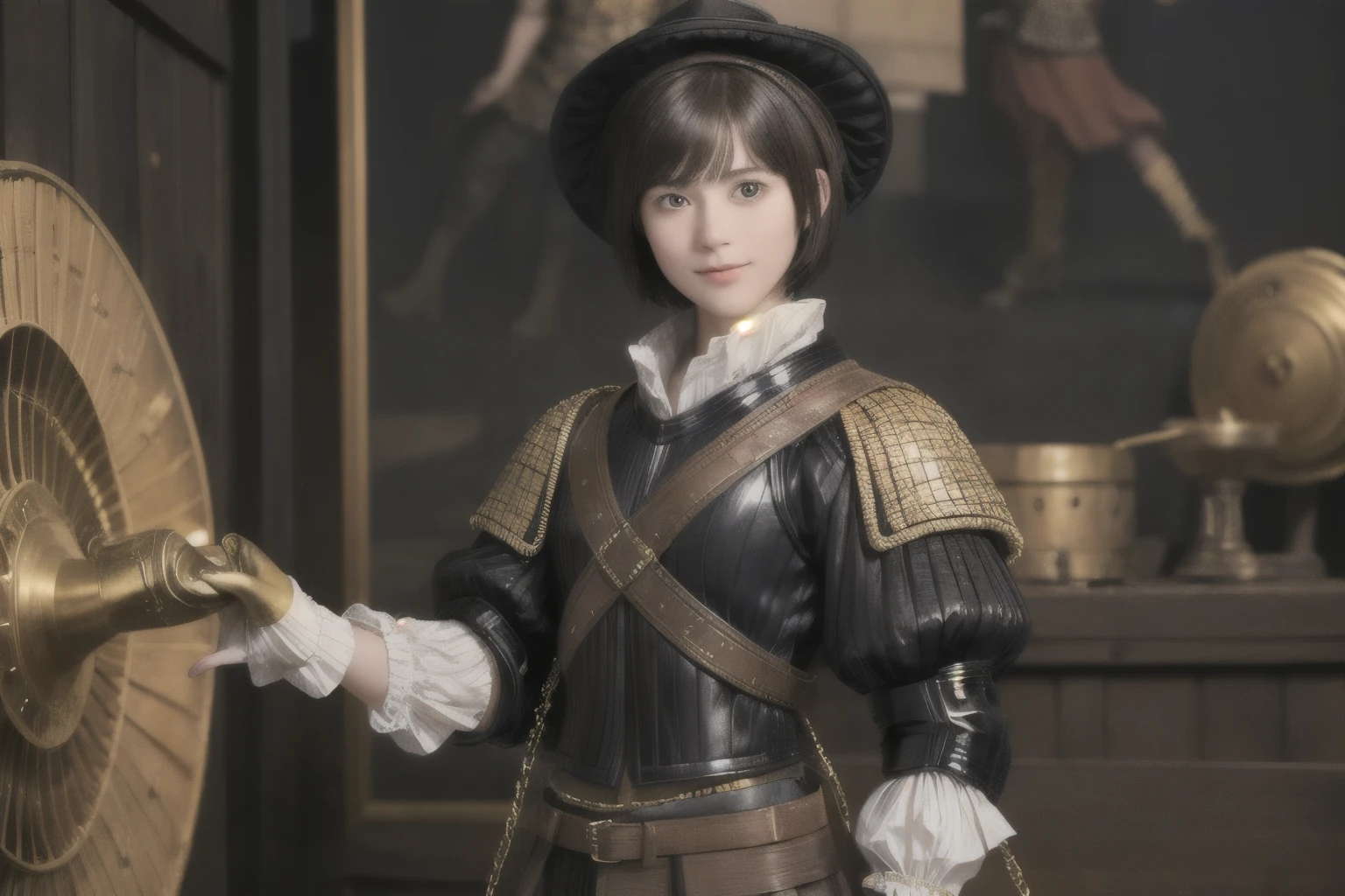 222 Short Hair, 20-year-old woman, A kind smile, (Luxurious stables), (Rembrandt-style painting), (machinery suit, Clothes that show abs、Clothes with short sleeves)