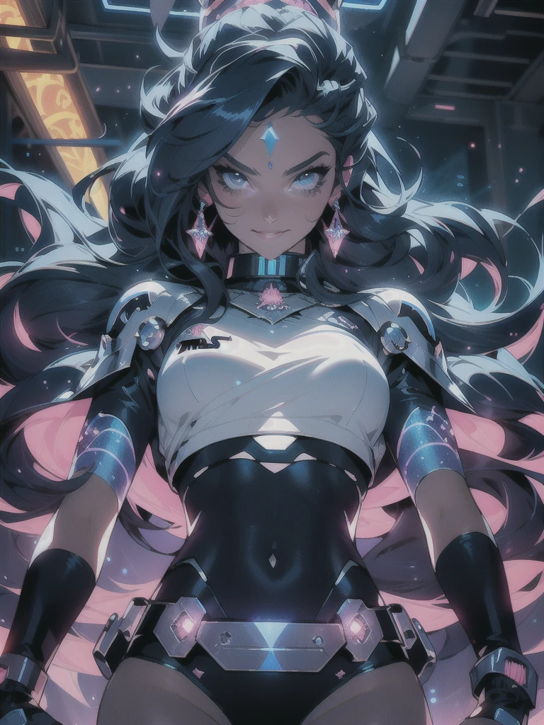 Princesa Lea (star wars) steel bikini,  cheia de pulseira, no bar, emanating energy with his right hand upwards, levitating a Resistance rebel, artigen, detalhes Luminosos neon, Luminous smoke neon blue, Ninja_ smile: 1, anime 