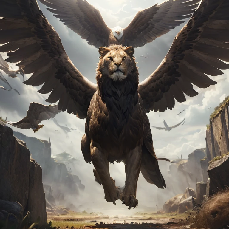 (master piece:1.5), (best quality:1.5), (exquisite lighting and shadow, highly dramatic picture, cinematic lens effect) (Photorealistic picture) (Card game image) 8k, wallpaper, dynamic pose, full body griffin, half eagle half lion, flying, sky, ethereal lighting, sharp focus, highly detailed, realistic, cinematic lighting, studio quality
