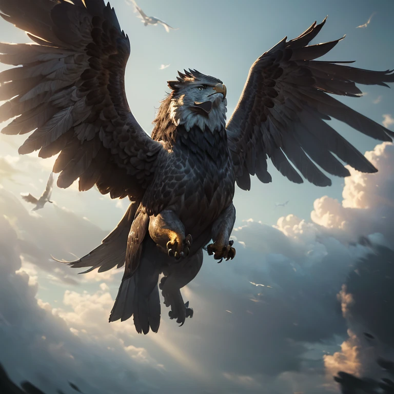 (master piece:1.5), (best quality:1.5), (exquisite lighting and shadow, highly dramatic picture, cinematic lens effect) (Photorealistic picture) (Card game image) 8k, wallpaper, dynamic pose, full body griffin, half eagle half lion, flying, sky, ethereal lighting, sharp focus, highly detailed, realistic, cinematic lighting, studio quality