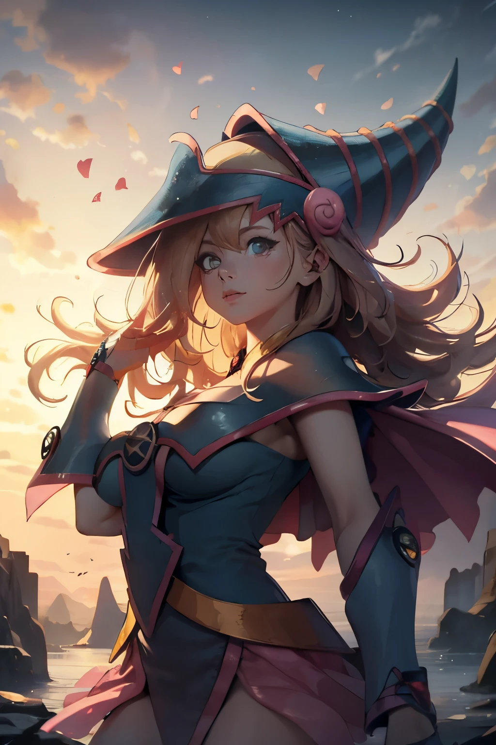 (Obra maestra:1.2), (La mejor calidad:1.2), perfect lighting, Chica Maga Oscura lanzando un hechizo, flotando en el aire, tetas grandes, escote, fondo de magia. Corazones transparente en el hambiente, bata azul, sombrero grande, desde arriba, Destellos, Yugioh Card en el fondo. En tacones y en bikini