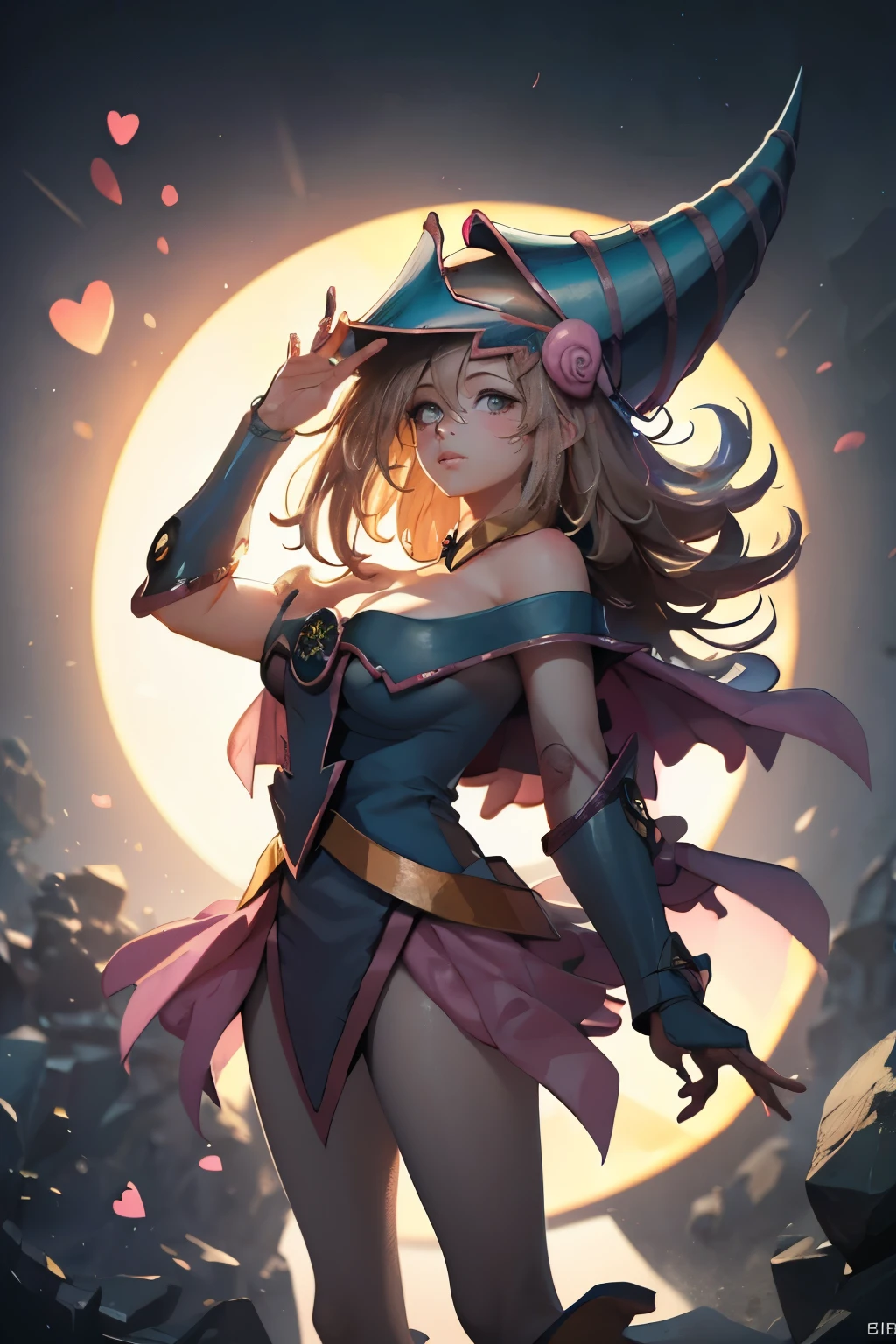 (Obra maestra:1.2), (La mejor calidad:1.2), Perfect lighting, Chica Maga Oscura, touching her and a heart with her fingers, flotando en el aire, tetas grandes, escote, fondo de magia. Corazones transparente en el hambiente, bata azul, sombrero grande, desde arriba, Destellos de magia