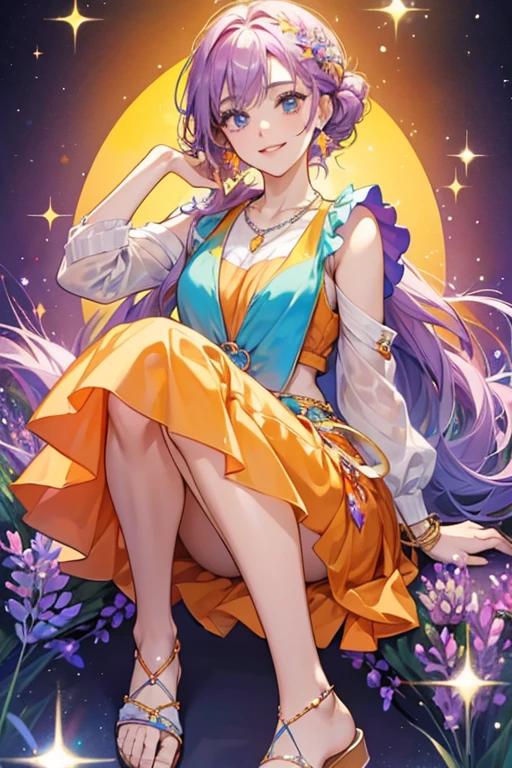 she wears an orange vest, a light blue beaded necklace, and lavender sandals. SPARKLE; GLITTER