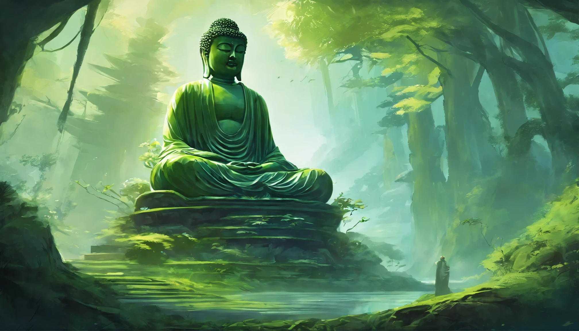 A huge Buddha statue deep in the mountains,One with nature,moss,blue cyrstal clear water, the lush vegetation,rays of sunshine