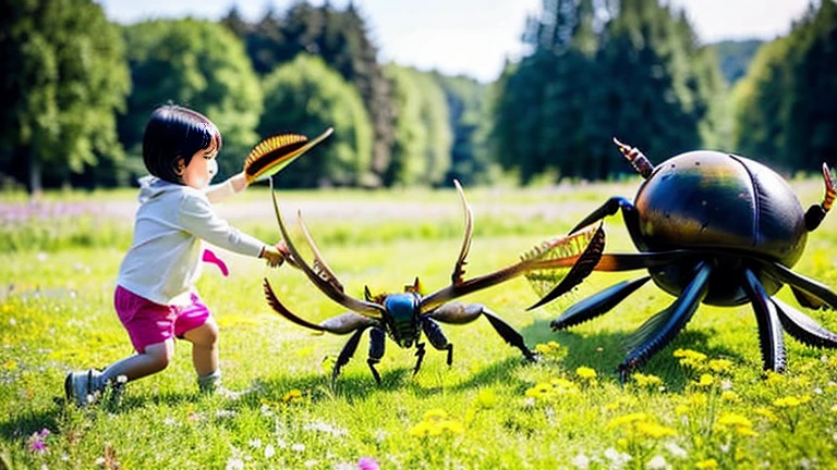 Children playing with colorful stag beetles in the meadow、