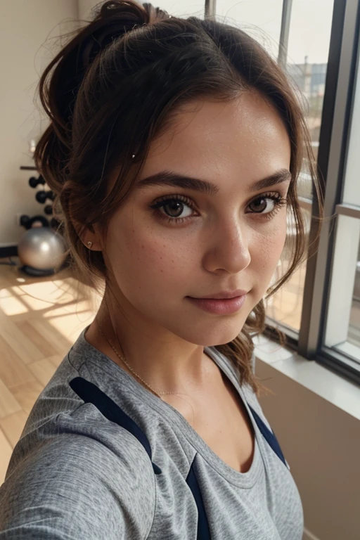 Selfie from a gorgeous girl, at the gym, in sportswear, fille, automne, Fille chaude, cheveux bruns, symmetrical face, photoreallistic, photographie, Phone camera, natural lighting, magnifique, clivage, occidental, Lo-fi, High resolution, Extremely detailed, peau avec pores, realistic lighting, natural light, selfie, visage naturel, Moles, instagram pose, influencer, Low Fidelity, brown hair, full body, natural cute makup, flirty