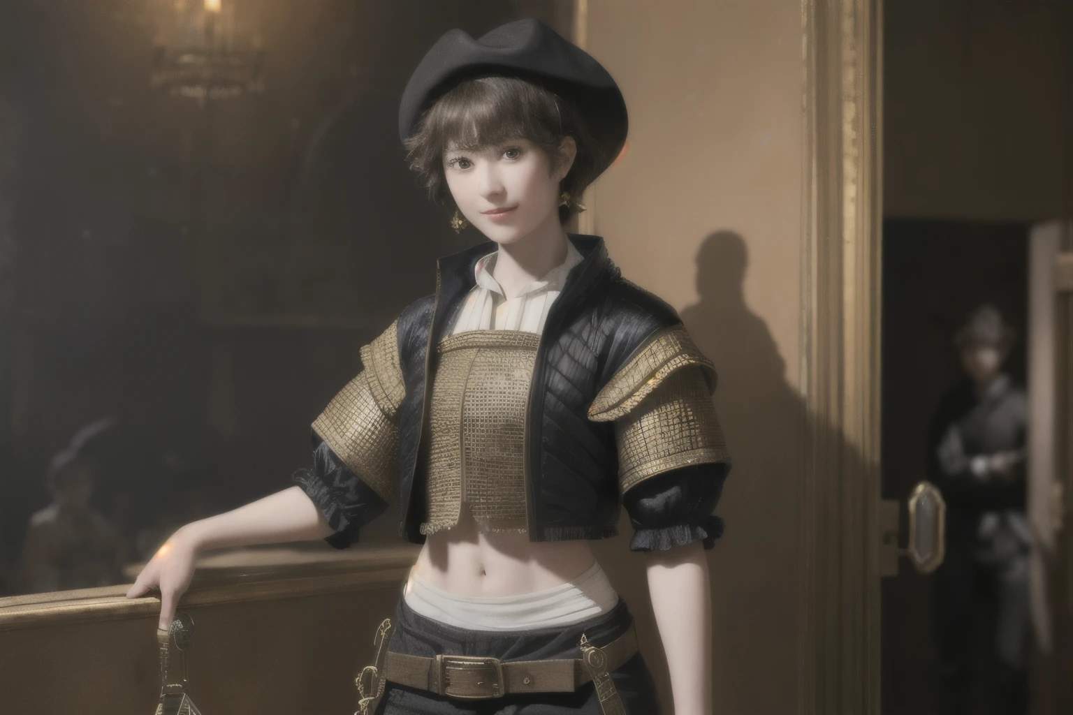 222 Short Hair, 20-year-old woman, A kind smile, (Luxurious stables), (Rembrandt-style painting), (machinery suit, Clothes that show abs、Clothes with short sleeves)