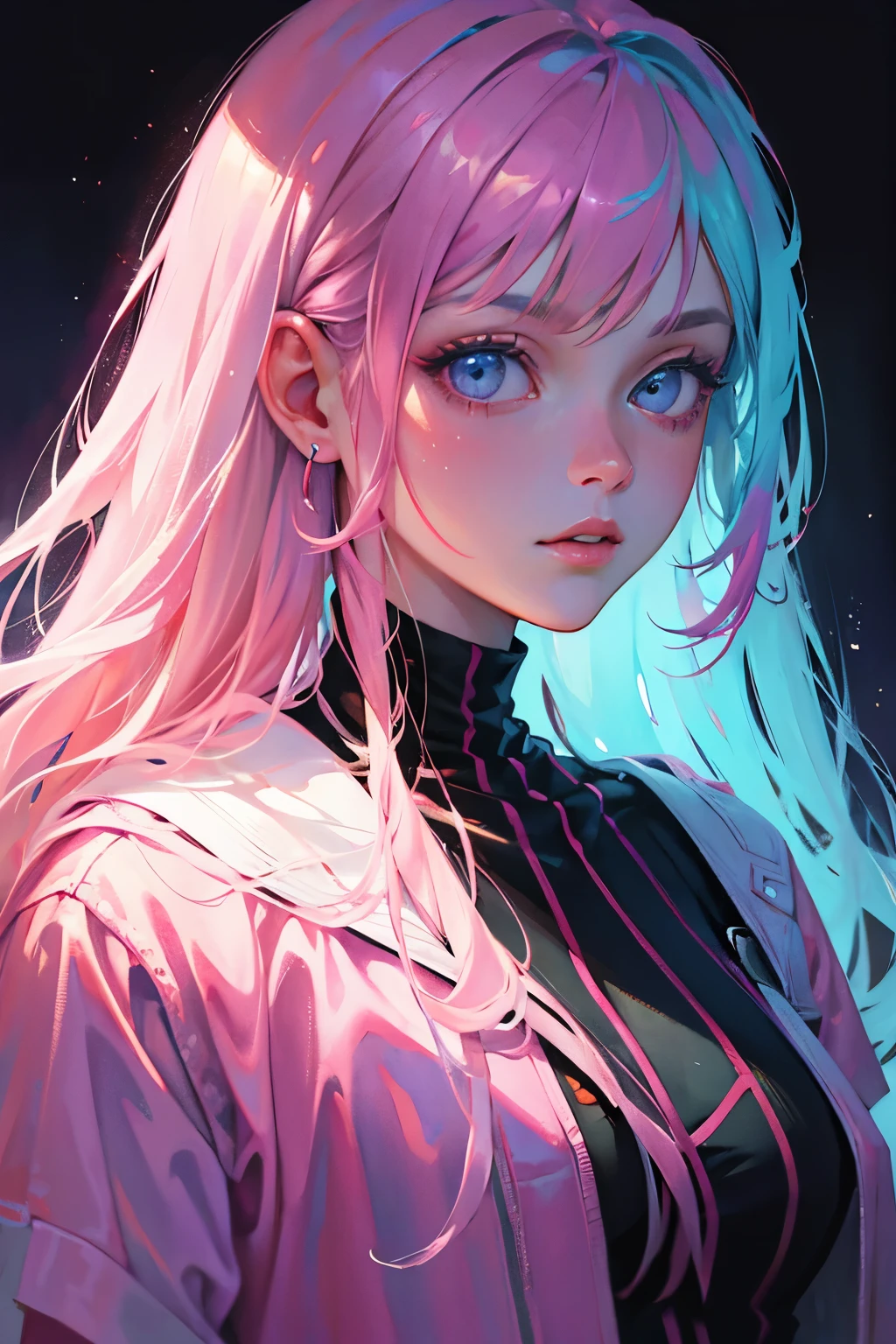 watercolor and oil painting fusion, best quality, hot pink artwork, white line art, beautiful woman self portrait, light up