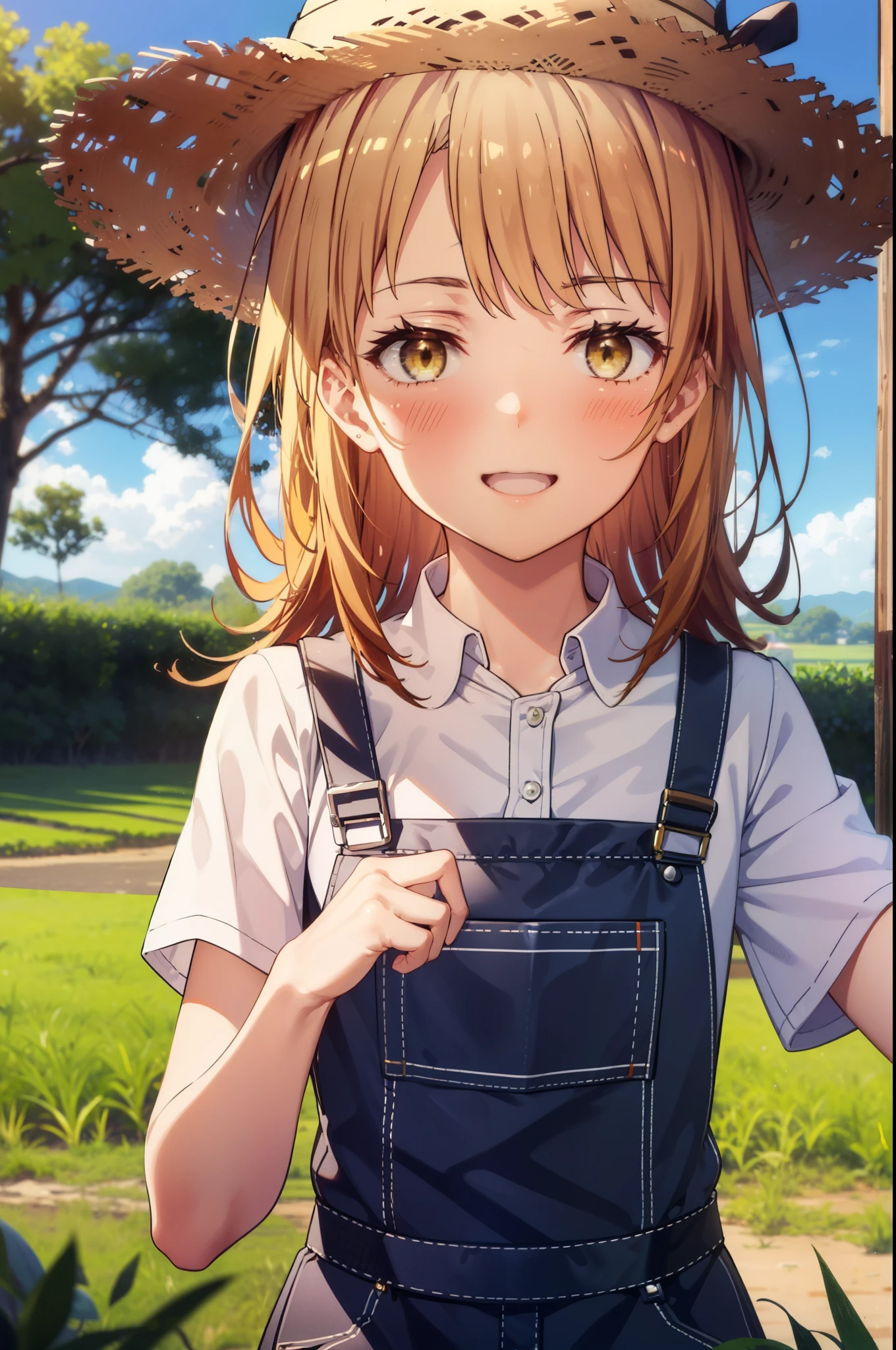 irohaisshiki, Iroha Isshiki, Long Hair, Brown Hair, (Brown eyes:1.5), happy smile, smile, Open your mouth,,blush,Big straw hat,
Hiding the job,Overalls,Rice planting boots,Rice Field,Rice cultivation,sunny,countryside,whole bodyがイラストに入るように,
break outdoors, countryside,
break looking at viewer,whole body,(Cowboy Shot:1. 5)
break (masterpiece:1.2), highest quality, High resolution, unity 8k wallpaper, (figure:0.8), (Beautiful fine details:1.6), Highly detailed face, Perfect lighting, Highly detailed CG, (Perfect hands, Perfect Anatomy),