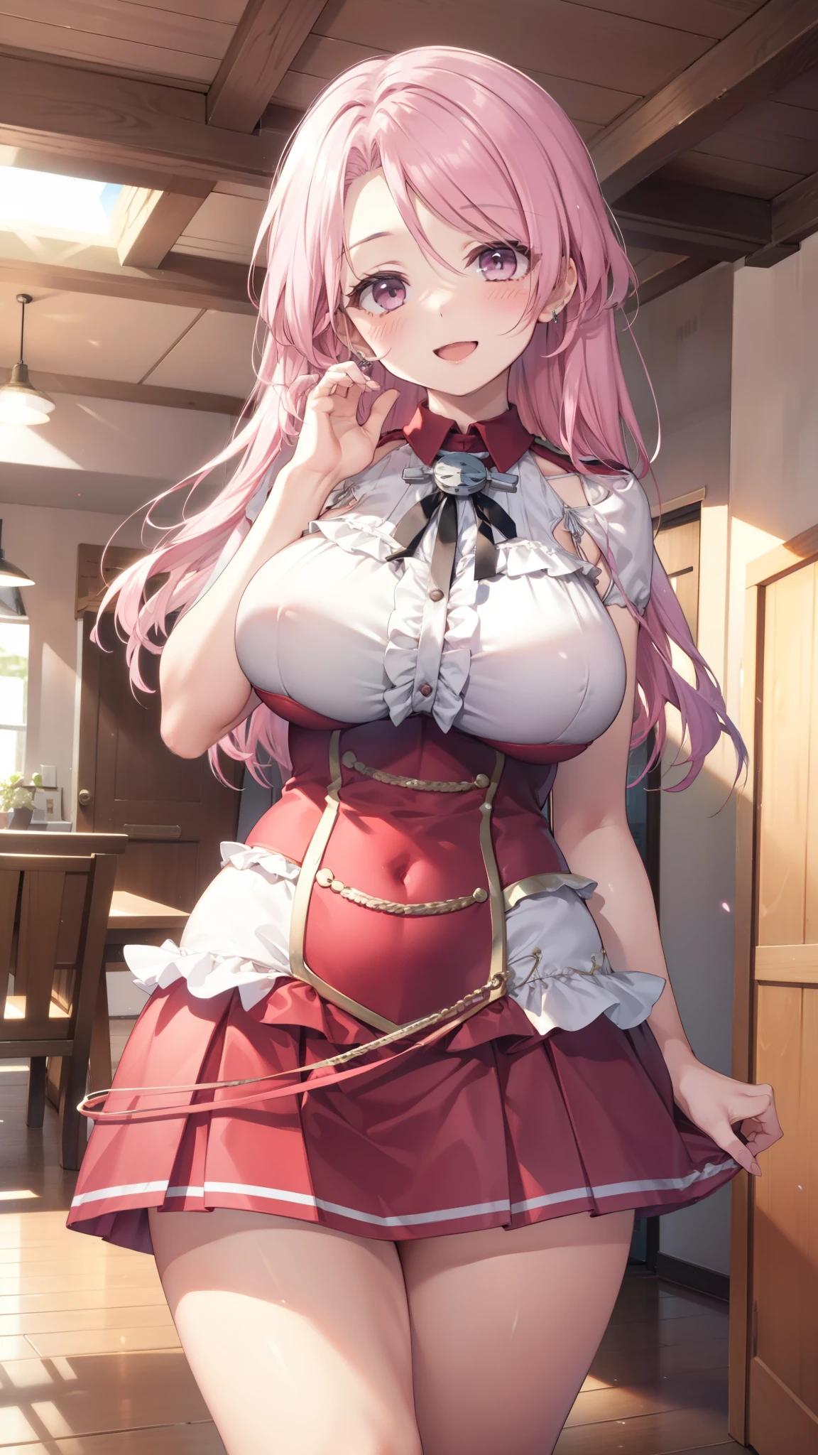 ,Open mouth,big breasts,wide hips,,,pink hair,long hair,blush,,smile,,indoor,,skirt,milf,from front