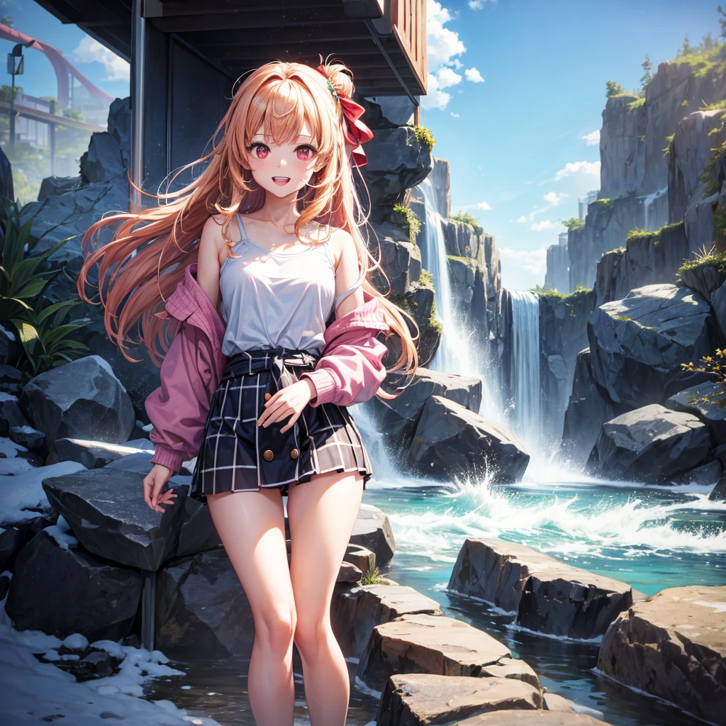Pink gold golden hair、Red eyes、One good looking girl、solo、anime、Checkered mini skirt、The skirt has buttons、one piece、Blue camisole、White T-shirt、Jin、Long sleeve、Wearing a ribbon、Ribbon on waist、Tilting face、Teeth are visible、waterfall、tunnel、Sunset sky、The water surface is exploding、The rocks are exploding、Penguins are walking、Snow is piled up