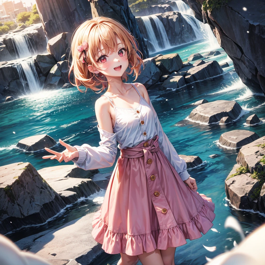 Pink gold golden hair、Red eyes、One good looking girl、solo、anime、Checkered mini skirt、The skirt has buttons、one piece、Blue camisole、White T-shirt、Jin、Long sleeve、Wearing a ribbon、Ribbon on waist、Tilting face、Teeth are visible、waterfall、tunnel、Sunset sky、The water surface is exploding、The rocks are exploding、Penguins are walking、Snow is piled up