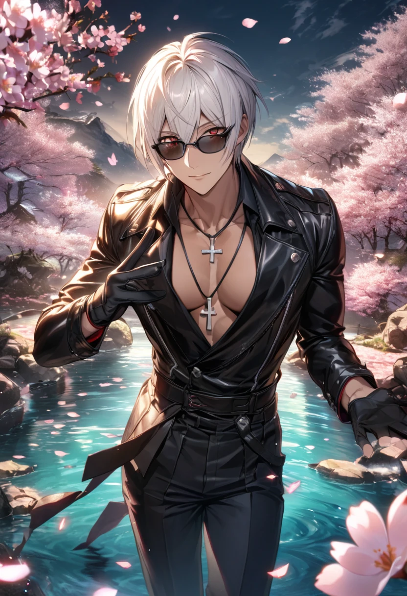 Ultra detailed, Highres, absurdres, HDR, K', white hair with bangs, short hair, hair between the eyes, expressive red eyes, black leather clothes, black sunglasses, cross necklace, tanned skin, The King Of Fighters, cherry blossoms, petals, extremely handsome, sexy man, solo, very detailed eyes and face, spring, butterflies, blossoms, black gloves, water, black pants
