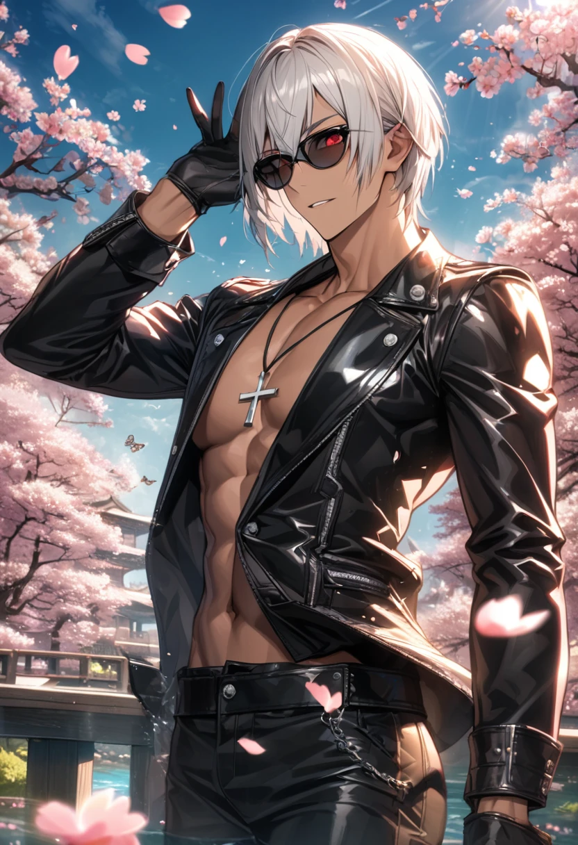 Ultra detailed, Highres, absurdres, HDR, K', white hair with bangs, short hair, hair between the eyes, expressive red eyes, black leather clothes, black sunglasses, cross necklace, tanned skin, The King Of Fighters, cherry blossoms, petals, extremely handsome, sexy man, solo, very detailed eyes and face, spring, butterflies, blossoms, black gloves, water, black pants