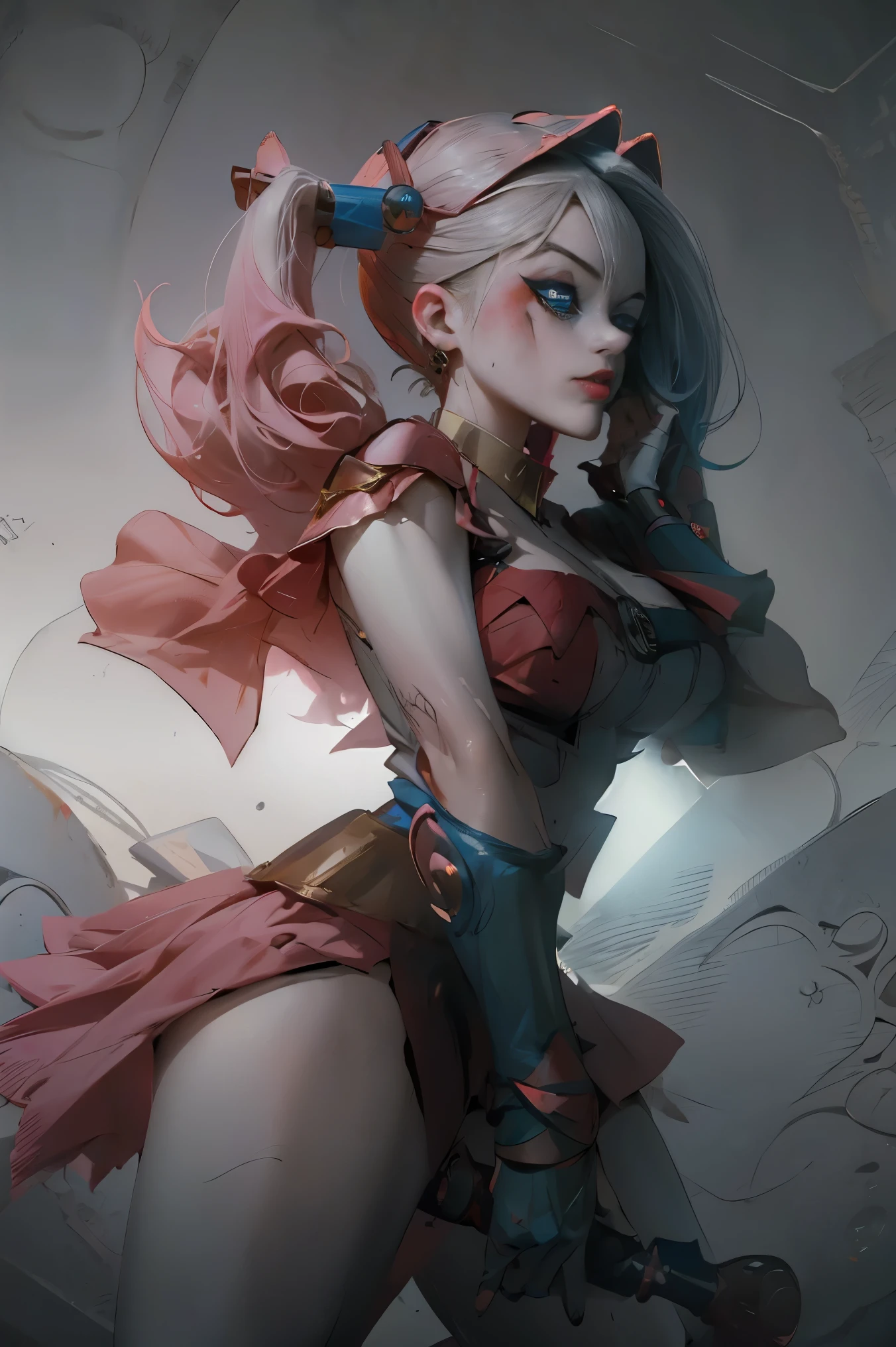 Maga oscura gils vestida de Harley Quinn. Tiene cabello rubio y negro. Ojos azules. Labios rojos. Dark magician gils is dressed as Harley Quinn. Pose sensual y inocente. Fondo de circo