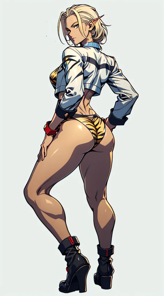 Drawing of cammy_white, cammy sf6,1girl, solo, bang, scar on cheek, blonde hair, blue eyes, short hair, (((Plain background:1.2))) (masterpiece, high quality:1.1) 1girl solo full body squatting looking to the viewer, view from below, hairstyle short bob hair cut with a braid, extra long hair, white silver hair, red eyes, HANDS ON HIPS (yellow tiger bikini print long sleeves and long stockings) (dark elf dark skin) (incredibly beautiful full body photo, standing, (((bright eyes))), good anatomy, perfect hand muscular legs))), thin waist, muscular abdomen, wearing black high heel shoes, (((with her back to me showing her big shapely ass to me)))