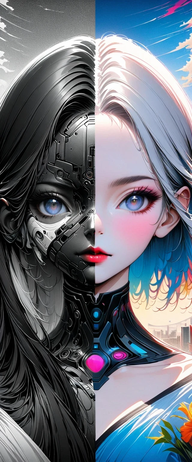 Original Photography, Super detailed, male, cybernetic neck, (: 1.5), A ruined city block in the background, Vivid details, Luxury Cyberpunk, hyper-Practical, Anatomical, elegant, 8k, best quality, masterpiece, Extremely detailed, (Practical, photo-Practical: 1.37), portrait.The artwork should transition from a pencil drawing style in black and white on the left half to vibrant colors on the right half, Ensure a seamless integration between the two halves without any dividing line, The scene is identical on both sides, with the left side featuring detailed black and white pencil strokes and the right side filled with colors, creating a harmonious blend across the image